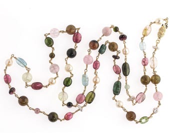 Tourmaline, garnet, topaz, pearl and 14k gold necklace.  32 inches.  nlbd1218