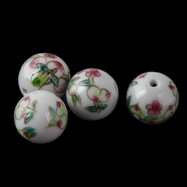 Vintage Chinese white porcelain round beads, peaches and  blossoms, 14mm. Pkg. 2. b2-934