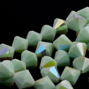 Vintage tin cut faceted opaque mint green glass bicones with partial AB finish, Czechoslovakia 1950-60s 10mm Pkg of 8. b11-gr-1047