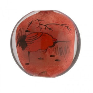 Vintage Chinese reverse hand-painted glass bead, Heron and Lotus Flowers, 30x17mm . Sold individually. b10-0008e