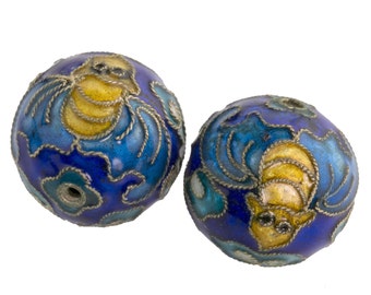 Cobalt blue cloisonne enamel bead with bats and clouds.  20mm1.75mm hole.  China. Pkg of 1. b18-645