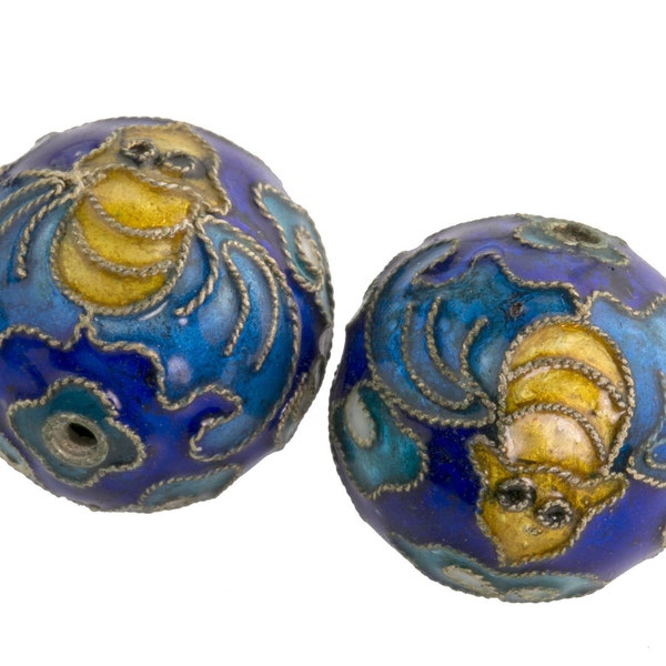 Cobalt blue cloisonne enamel bead with bats and clouds.  20mm1.75mm hole.  China. Pkg of 1. b18-645