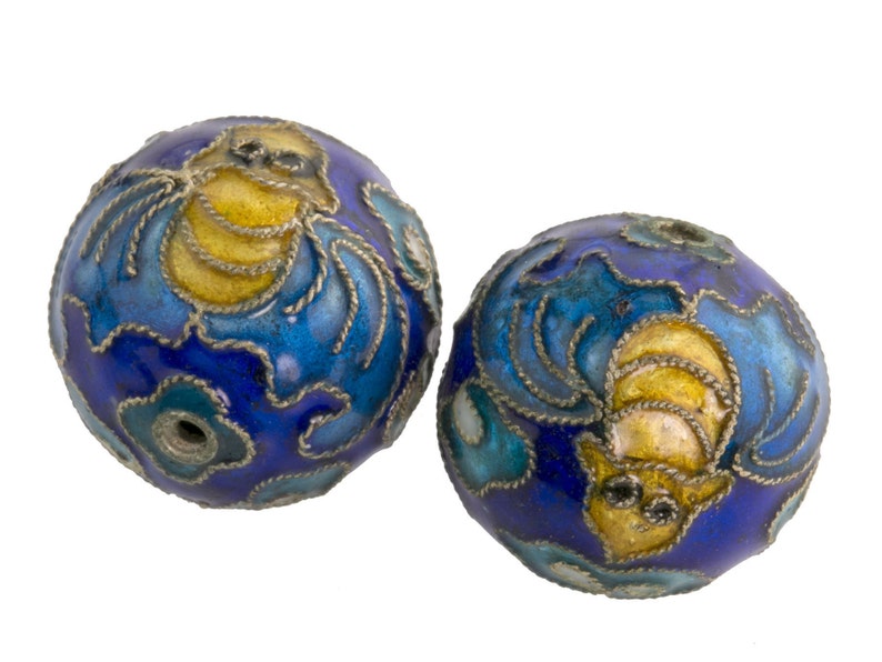 Cobalt blue cloisonne enamel bead with bats and clouds. 20mm1.75mm hole. China. Pkg of 1. b18-645 image 1