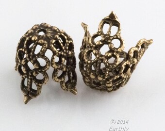 Oxidized brass filigree four petal bead cap. 12x11mm. Pkg. of 4. B9-2292