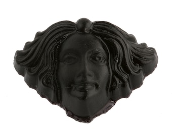 Matte black glass molded Art Nouveau lady head stone. 18x11.5mm. Pkg 1.  b5-969