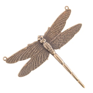 Oxidized solid brass Dragonfly  stamped pendant. 50mm wingspan, 44mm long. 2 ring. Sold Individually. b9-0522a
