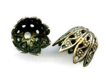 Oxidized brass 8 petal filigree bead cap 7x8mm, pkg of 4. b9-2306