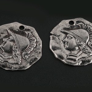 Vintage Stamped Ancient Warrior Coin Charms. Oxidized Silver Metal. Single hole. 21mm. Pkg. of 4. b9-1078