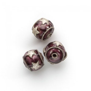 Silver over copper enamel beads with silver stars, 10mm. Package of 2. B18-514