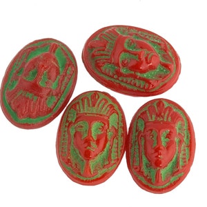 Vintage Egyptian pharaoh head King Tut cameo cabochon.Red glass with green decor.  16x11mm. Czechoslovakia. Pkg of 2. b5-982