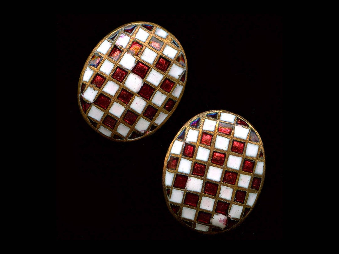 Vintage Japanese Checkerboard Enameled Brass Domed Cabochons