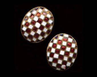 Vintage Japanese checkerboard enameled brass domed cabochons, 12x10mm Pkg of 2. b5-642