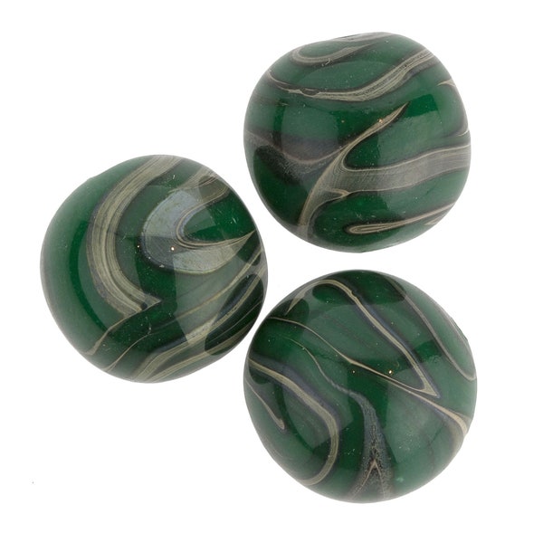 Vintage Japanese green and grey lampwork swirling marble glass rounds, 14mm, sold individually. B1-644