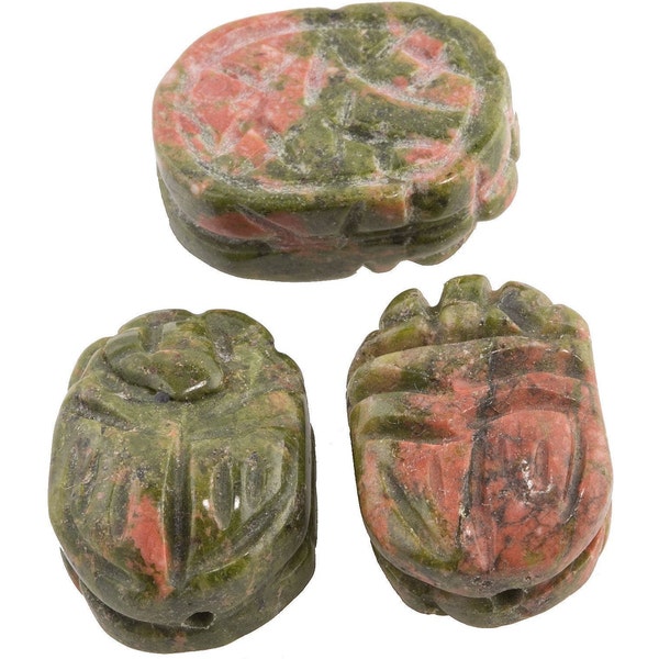 Carved Unakite scarab beads, 18x13mm. package of 2. b4-una417