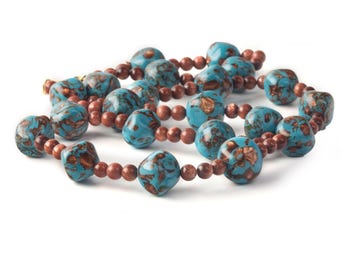1950s venetian murano turquoise and aventurine sommerso lampwork glass bead necklace.  28".  nlbg2186