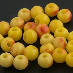 Vintage Japanese Canary-Yellow and Red Opaque Glass Beads. 1960s. Apx. 5mm. Pkg of 10. B11-YO-0508