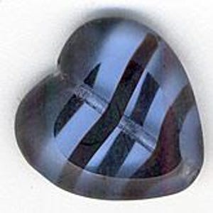 May include: A heart-shaped glass bead with a light blue and dark grey striped design. The bead has a hole running through the center for stringing. The bead is approximately 1 inch wide.