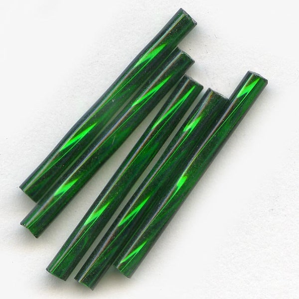Vintage mirrored emerald green  bugle beads. Czechoslovakia. 25mm