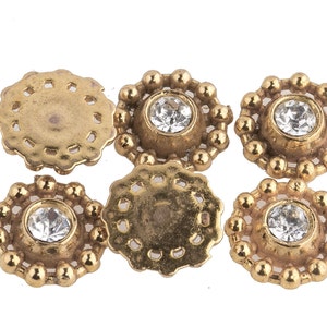 Vintage Molded Brass Circular Charm or Sew-On with Bezel-Set Rhinestone. 10mm with 3.5mm Rhinestone. Pkg. of 6. b9-0990
