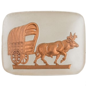 Vintage oxen pulling covered wagon glass intaglio, gold foil on white West Germany . 28x22mm. Pkg of 1. b5-514