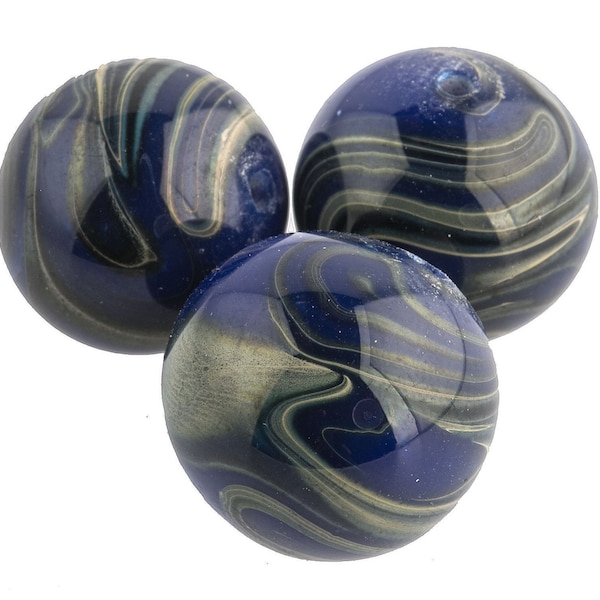Vintage Japanese blue and grey lampwork swirling marble glass rounds. 14mm. Pkg of 1. b1-643