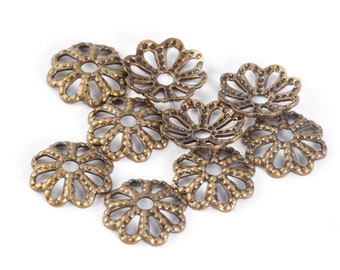 Vintage oxidized solid  brass stamped filigree  8 petal 7mm bead cap. Package of 20. b9-2498
