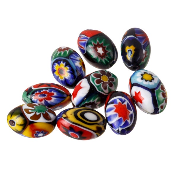 Vintage Murano Moretti studio millefiori glass beads. C. 1950s.  13 x 8 mm ovals. Pkg.1. b1-1025