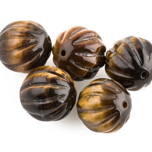 Stunning vintage tiger eye agate carved melon beads.  10mm.  Purchased in Hong Kong 1970s.  Superb quality. Pkg.2. b4-tig340