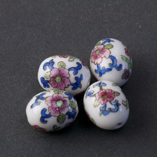 Chinese white porcelain oval beads blue pink green foliar design,18x14mm. Pkg. 2. b2-911