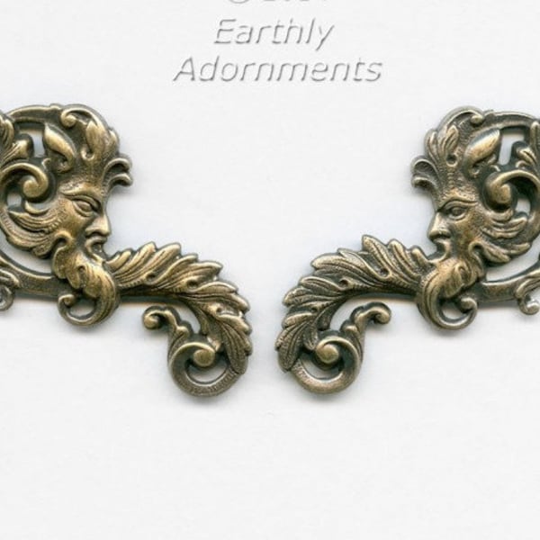 Mythical green man stamping in oxidized brass, 55x25mm. 1 facing pair. B9-2265