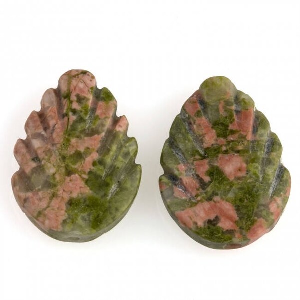 Vintage Unakite carved leaf focal beads, 20x15mm. Pkg2. b4-una416