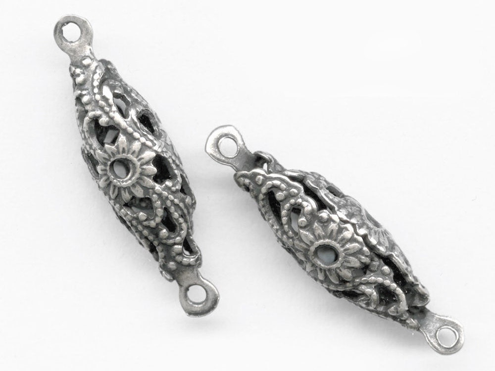 Sterling Silver Plated Stamped Brass Filigree Oval 2-ring