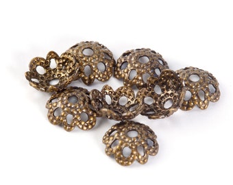 Vintage oxidized brass stamped filigree  8 petal 5mm bead cap. Package of 20. b9-2496