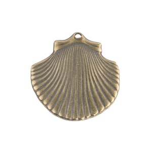 May include: A bronze-colored seashell pendant with a ridged surface and a small hole at the top for stringing. The pendant has a classic scallop shape, ideal for jewelry making or nautical-themed crafts.