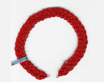 Vintage scarlet red glass seed bead braided strand. 13 1/2 x 5/8 inches. Italy. b11-rd-0871