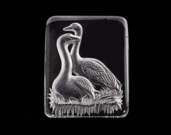 Vintage clear glass intaglio of two geese, carved on reverse and frosted. West Germany. 34x25 mm. 1 piece. b5-828