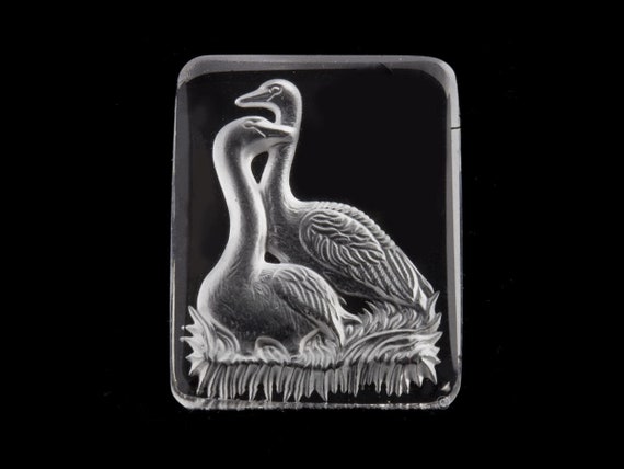 Vintage clear glass intaglio of two geese, carved on reverse and frosted. West Germany. 34x25 mm. 1 piece. b5-828