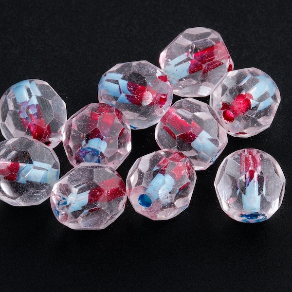 Vintage 1950s West German Clear Crystal Fire-Faceted Glass Rounds with Red and Turquoise Core. 7mm.  Pkg. of 10. b11-cr-0418