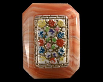 Vintage Czech coral glass octagonal rectangular cabochon with inset mosaic glass stone, 24x18mm, 1 pc. b5-765