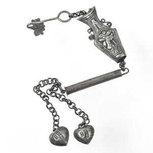 Antique Chinese Qing Dynasty silver repoussé needle case with charms and chatelaine clip. pdvs1009
