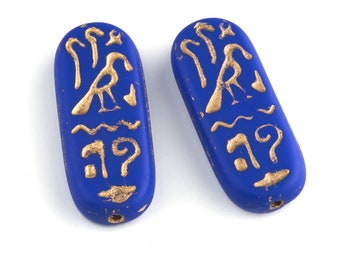 Czech Egyptian Revival Style Molded Glass Cartouche bead. 10x25mm. Pkg. of 2. b11-bl-2135