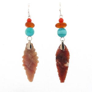 Ancient arrowhead earrings with turquoise, amber and coral beads. j-erbd174