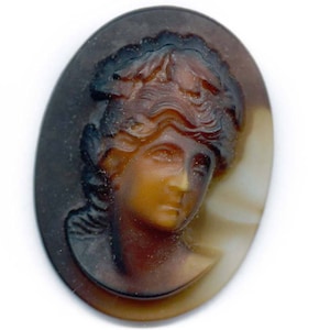 Cameo posteriore piatto in vetro stampato ad alto rilievo vintage, vetro agata a 2 toni, Germania Ovest 30x22mm 1 pc. b5-817 b) la commissione per la