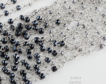 Czech bead chain of silver wire and 3mm black and clear glass  beads. 16+ inches length. b12-chn682