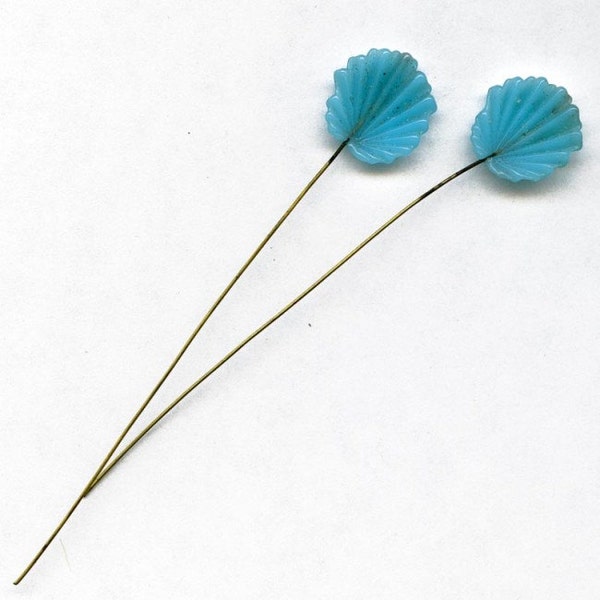 Vintage Japanese turquoise glass fan leaves on wire. Pkg of 6. b11-bl-1105