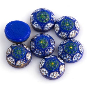 Cabujones redondos de estilo mosaico prensado azul checo vintage o piedras de base plana. 8 mm. Paquete de 6. b5-508