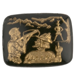 Vintage West Germany Archer and William Tell glass intaglio, gold foil on black. 28x22mm. Pkg of 1. b5-512
