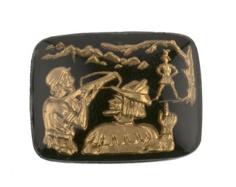 Vintage West Germany Archer and William Tell glass intaglio, gold foil on black. 28x22mm. Pkg of 1. b5-512