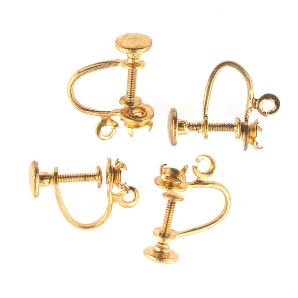 Vintage brass screw back earring component. 1 loop with pronged  setting. 1 Pair. b9-0921