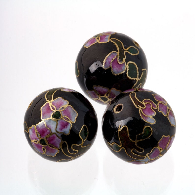 Vintage 20mm black cloisonne enamel beads. Pink flowers. Pkg1. b2-925